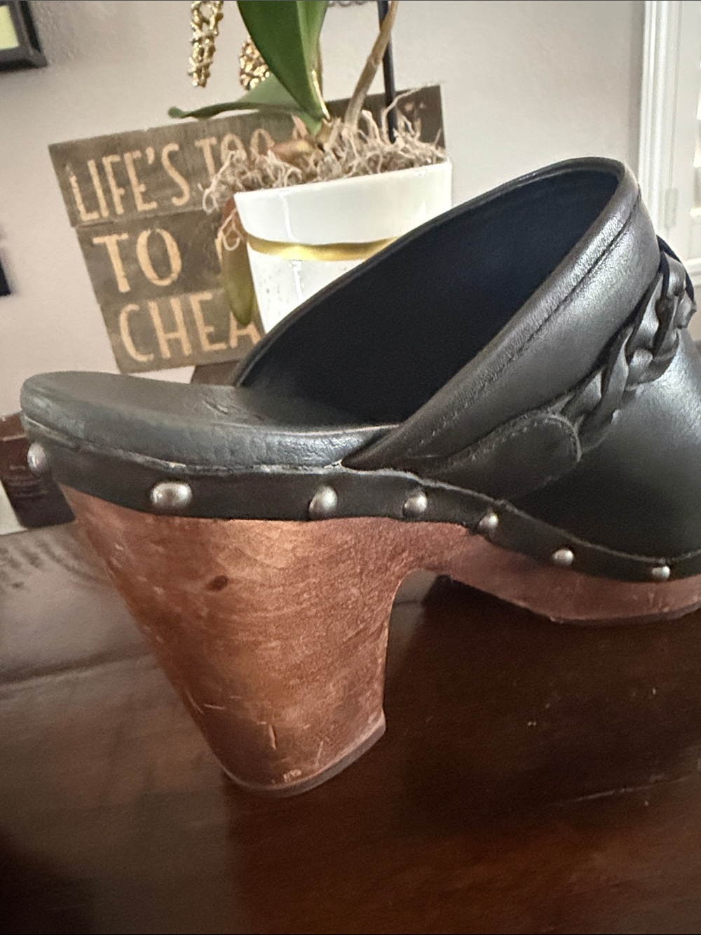 UGG Kaylee Black Leather Braided-Trim Clogs - Picture 6 of 15